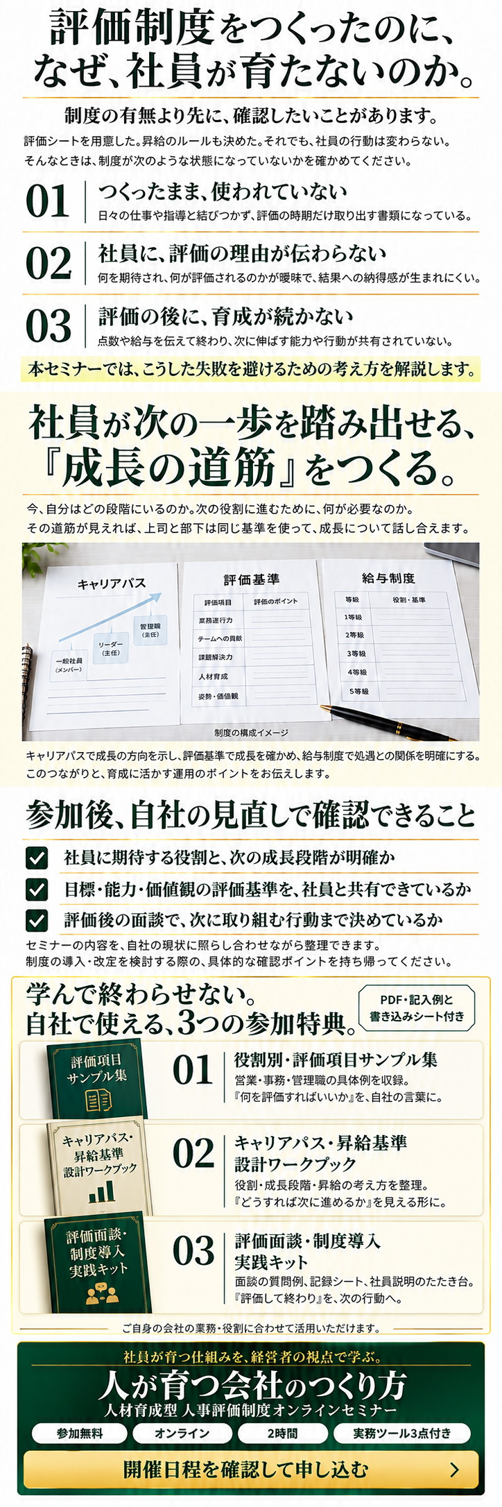 キャリアパス・評価基準・給与制度を並べた制度の構成イメージ。成長の方向、評価する項目、処遇の基準をつなげて考えます。