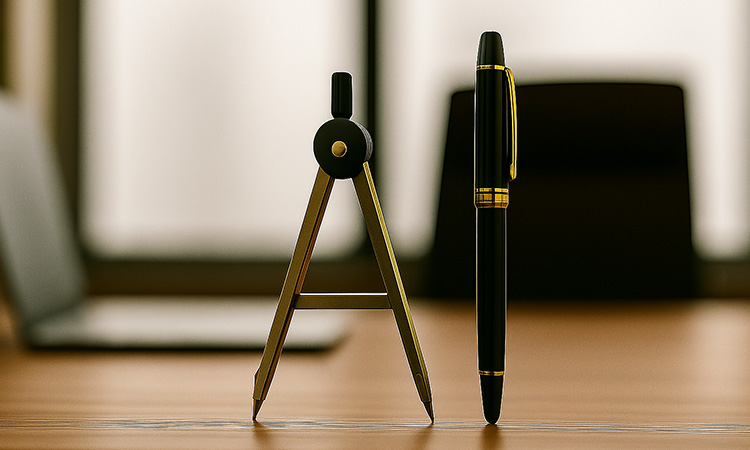 デスクの上にあるAIという言葉をモチーフにしたコンパスとペン